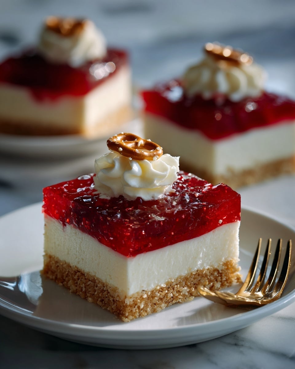 The image shows a square dessert with three layers on a white plate. The bottom layer is crumbly and brown, looking like crushed nuts or cookies. The middle layer is smooth and white, resembling a creamy filling. The top layer is bright red with a shiny, slightly textured surface, suggesting a fruit jelly or jam. On top of the dessert is a dollop of white whipped cream with a pretzel placed upright in it. In the background, there is another similar dessert on a white plate and a fork is seen on the white marbled table surface. The photo taken with an iphone --ar 4:5 --v 7