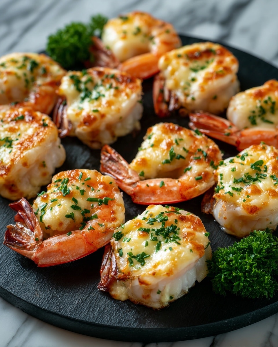 The image shows eight shrimp halves arranged on a black round board, each shrimp covered with a golden-brown baked layer of melted cheese with small browned spots and tiny sprinkled green parsley leaves on top. The shrimp shells are orange and pink, their tails stick out from the cheese layer, and some parsley leaves are scattered on the board around the shrimp. The texture of the cheese looks smooth and melted with slight bubbling, and the shrimp meat underneath is visible through the cheese. The background surrounding the board is a white marbled texture. Photo taken with an iphone --ar 4:5 --v 7