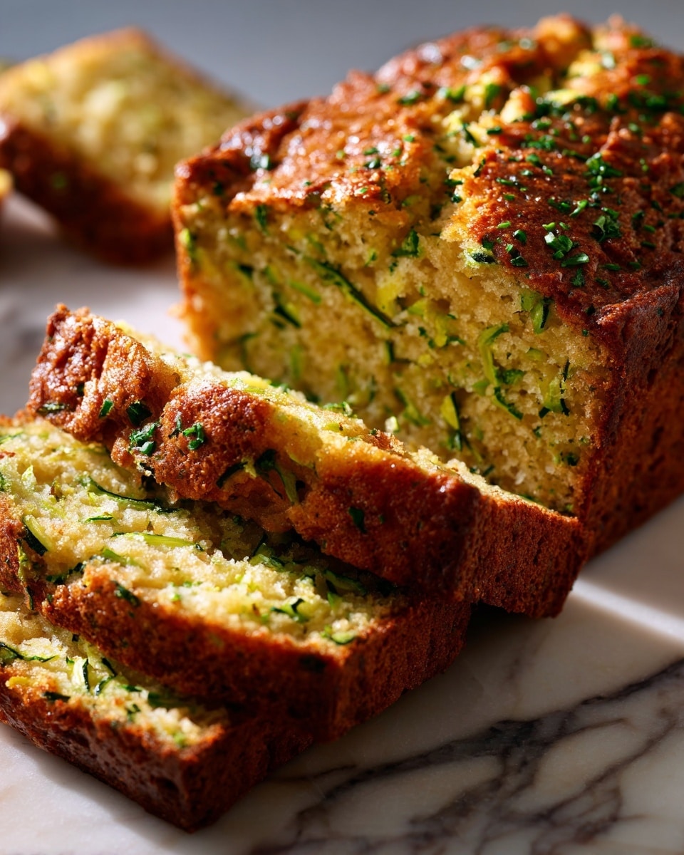 A loaf of zucchini bread with a golden-brown crust sits on a white marbled surface. The bread has a rough, crispy outer layer, with visible green zucchini shreds mixed into the soft, yellow inside. Two thick slices have been cut and laid flat in front of the loaf, showing the moist and textured interior full of small green vegetable bits. The top is slightly cracked and browned unevenly, highlighting its baked texture photo taken with an iphone --ar 4:5 --v 7