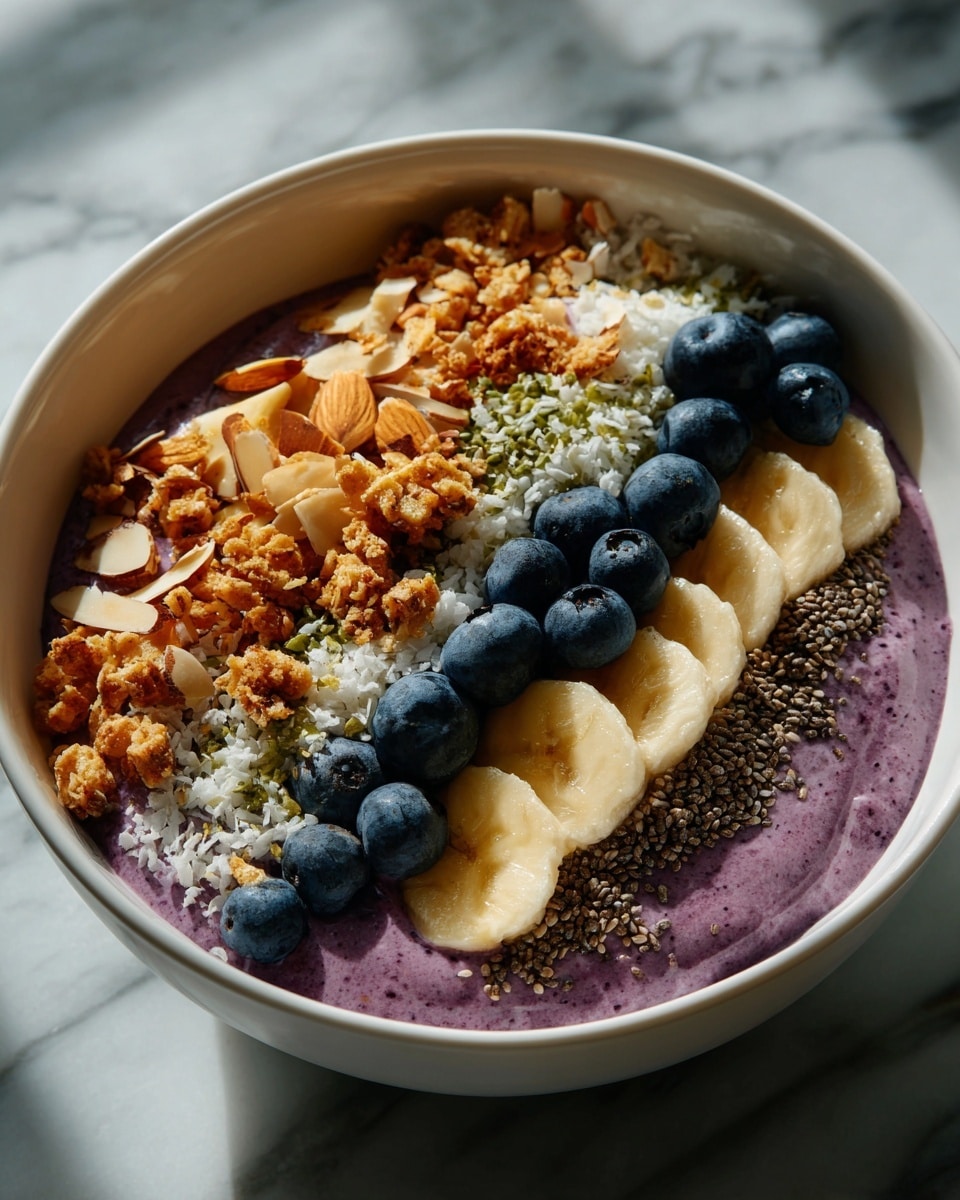 A white bowl holds a thick light purple smoothie base filling it fully. On top, there are four curved lines of toppings placed carefully: a row of yellow banana slices with smooth texture, a cluster of dark blue blueberries with a slightly shiny skin, a sprinkle of small brown granola pieces mixed with chia seeds scattered all over, and white coconut flakes that add a rough texture near the edge. The bowl sits on a white marbled surface, making the colors of the breakfast bowl stand out brightly. photo taken with an iphone --ar 4:5 --v 7