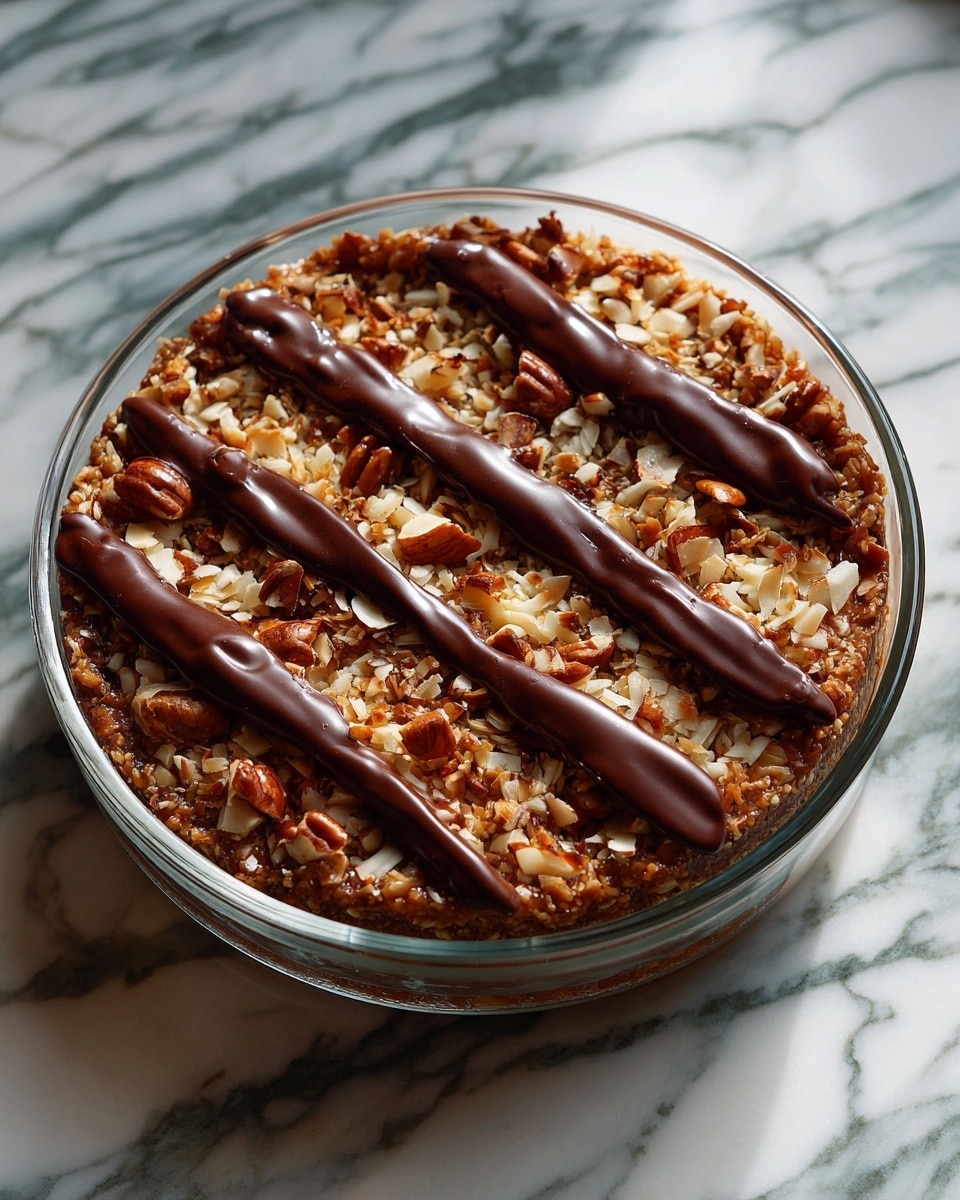 The image shows a round glass dish filled with a dessert that has a golden-brown base layer with a rough, crispy texture, likely made of toasted coconut or nuts. On top, there are six evenly spaced vertical stripes of smooth dark chocolate running from the top to the bottom of the dish, adding contrast to the lighter base. The edges of the dish are clear, showing the textured dessert inside. The background is a white marbled surface. photo taken with an iphone --ar 4:5 --v 7