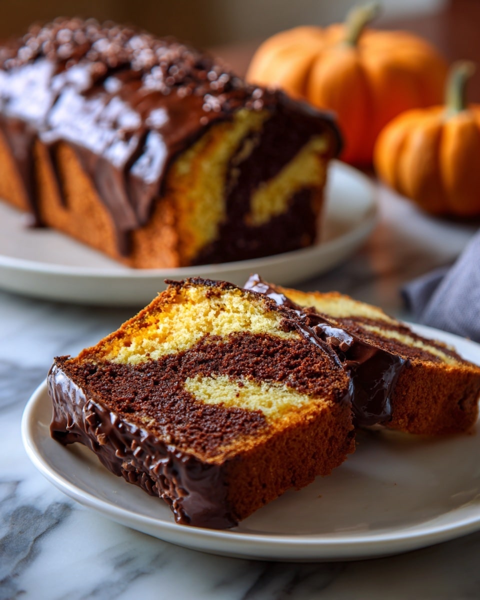 The image shows a loaf of cake with two main layers inside: one dark brown and one orange, mixed in a swirling pattern that runs throughout the cake. The top of the cake is covered in a thick, shiny, dark chocolate glaze that drips slightly down the sides. One slice is cut and laid flat in front of the loaf, showing the layered swirl pattern clearly. The cake sits on a white plate on a white marbled surface, with small pumpkins and a white container of chocolate in the blurry background. Photo taken with an iphone --ar 4:5 --v 7