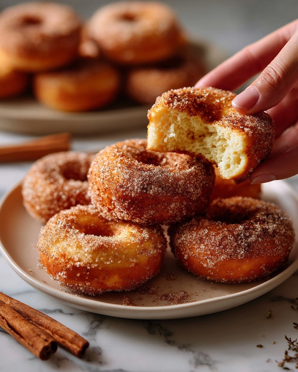 The image shows several round donuts with a light brown crust coated in a layer of cinnamon sugar. One donut is placed on top of another, and the top donut has a bite taken out of it, showing a soft yellow inside. The donuts are scattered on a white marbled surface along with a few sticks of cinnamon nearby. The texture of the donuts looks slightly crispy on the outside with a tender and airy interior. The overall color palette is warm with light browns and soft yellows, creating a cozy feel. photo taken with an iphone --ar 4:5 --v 7