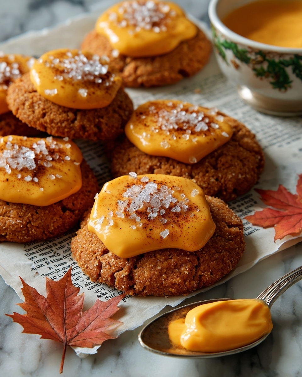 The image shows several round cookies with a rough, textured light brown base, each topped with a smooth, thick layer of bright orange icing spread unevenly on top, sprinkled with coarse white sugar crystals and a dusting of dark brown spice. The cookies have a fork-pressed edge pattern and are placed on a sheet of printed parchment paper with autumn-colored leaves nearby. A spoon holding some of the bright orange icing is also in view, resting on the parchment with some icing dripping off. The background is a white marbled texture. Photo taken with an iphone --ar 4:5 --v 7