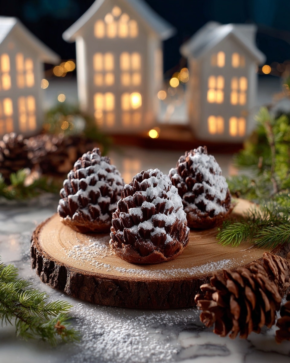 The image shows three chocolate pine cone-shaped treats placed closely together on a round wooden slice with visible bark edges. The cones have a shiny dark brown chocolate color with a dusting of white powdered sugar on top and between the layers, giving a snowy effect. Around the wooden slice, there are natural brown pine cones and green pine branches lightly dusted with powdered sugar on a white marbled surface. In the background, two blurred, cream-colored miniature house decorations with yellow lit windows add a cozy, festive feel. Photo taken with an iphone --ar 4:5 --v 7
