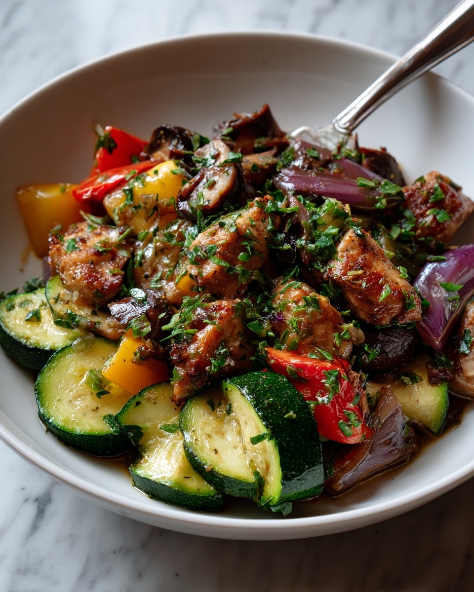 The image shows a white round plate filled with a colorful mix of vegetables and pieces of cooked chicken. The dish has roughly three layers: the bottom layer includes vibrant chunks of yellow and red bell peppers and large purple onion pieces. The middle layer has thick, curved slices of green zucchini, some with herbs sprinkled on them. The top layer consists of browned, bite-sized chicken pieces and dark brown mushrooms, also sprinkled with green herbs. A silver fork is placed partially inside the plate on the right side. The background is a white marbled surface. Photo taken with an iphone --ar 4:5 --v 7