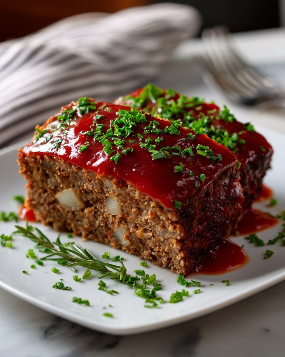 A sliced meatloaf on a white rectangular plate, with a shiny red tomato glaze layer evenly spread on top, covered with small pieces of green parsley sprinkled over it; the inside is a light brown, crumbly textured meat mixture with small bits of white onion visible; a sprig of fresh green parsley is placed on the upper left corner of the plate; the background is a white marbled surface with a striped white and gray cloth partially visible in the upper left corner, photo taken with an iphone --ar 4:5 --v 7