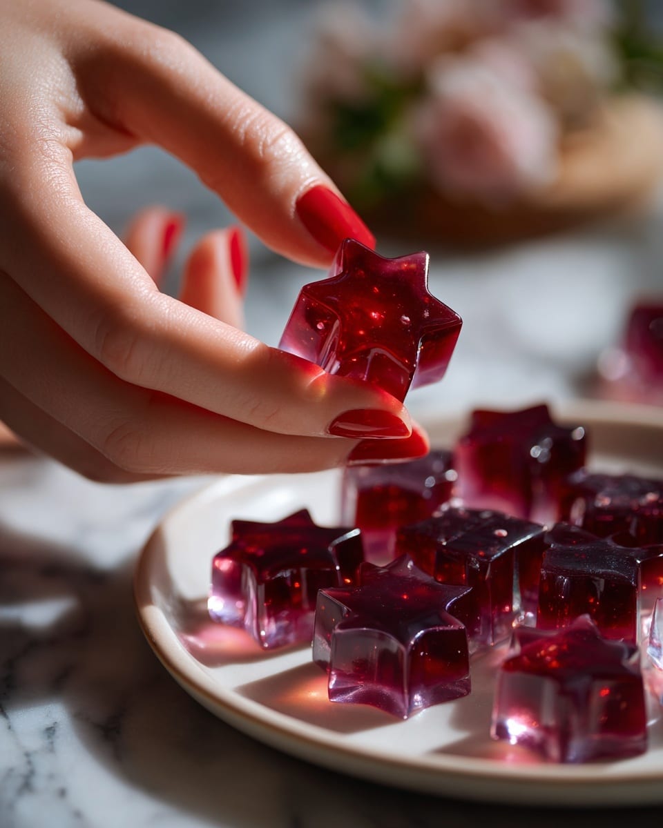 A woman's hand with bright red nail polish holds a small star-shaped purple jelly candy, showing a glossy texture with a red filling inside; in the background, several similar purple star-shaped jelly candies are placed on a white plate, all resting on a white marbled surface, creating a soft and clean look. photo taken with an iphone --ar 4:5 --v 7