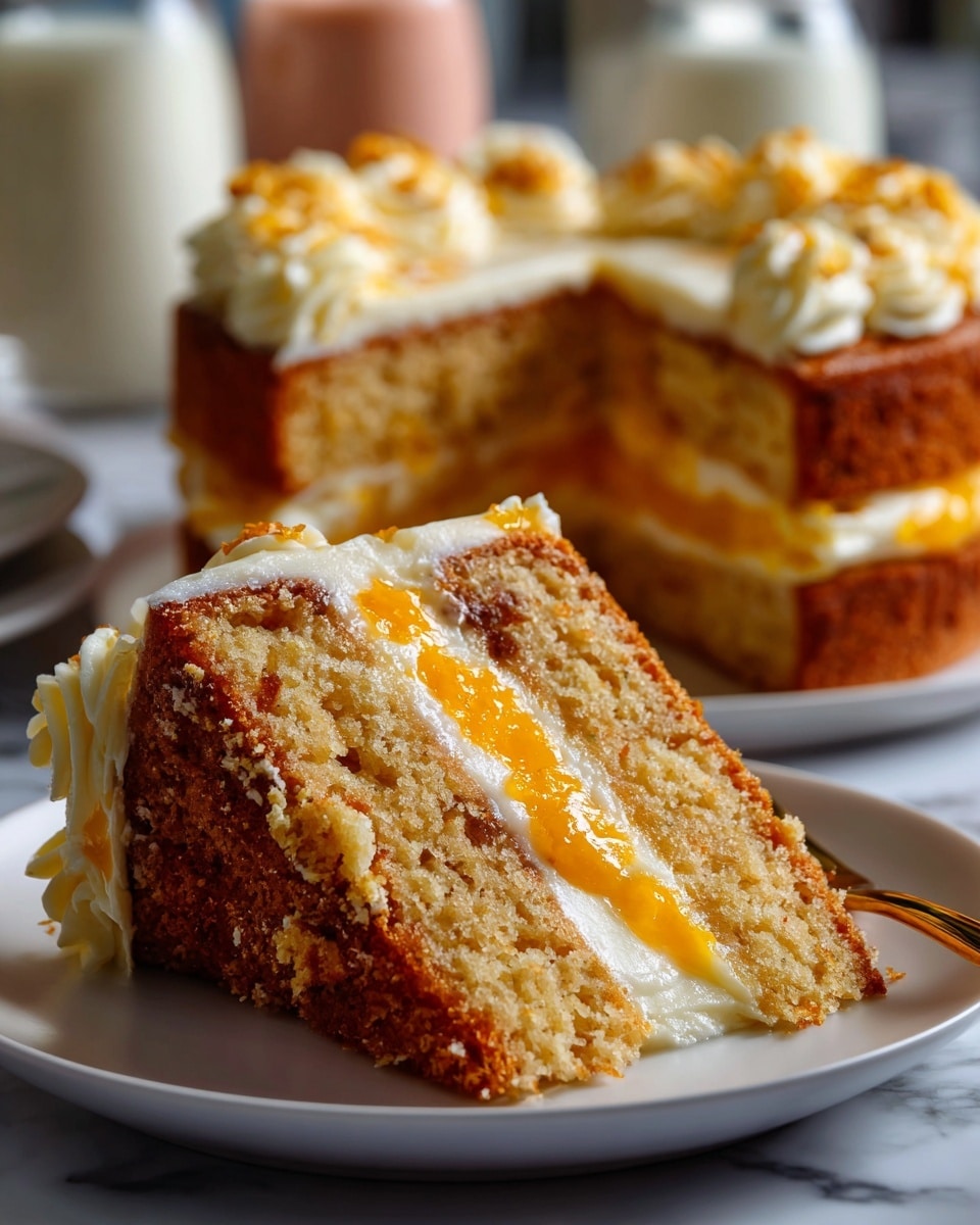 A thick, three-layer cake sits on a white plate over a white marbled surface, with a slice removed to show the inside. Each layer of the cake is golden brown and moist. Between the layers is two kinds of frosting: a pale cream color and an orange frosting, alternating from bottom to top. The outside is coated in the same pale cream frosting, with some swirls visible on top. Crumbs from the cake rest on the plate near the front with a silver fork on the right side. In the background, a blurred white jar and a small glass container with orange contents can be seen. Photo taken with an iphone --ar 4:5 --v 7