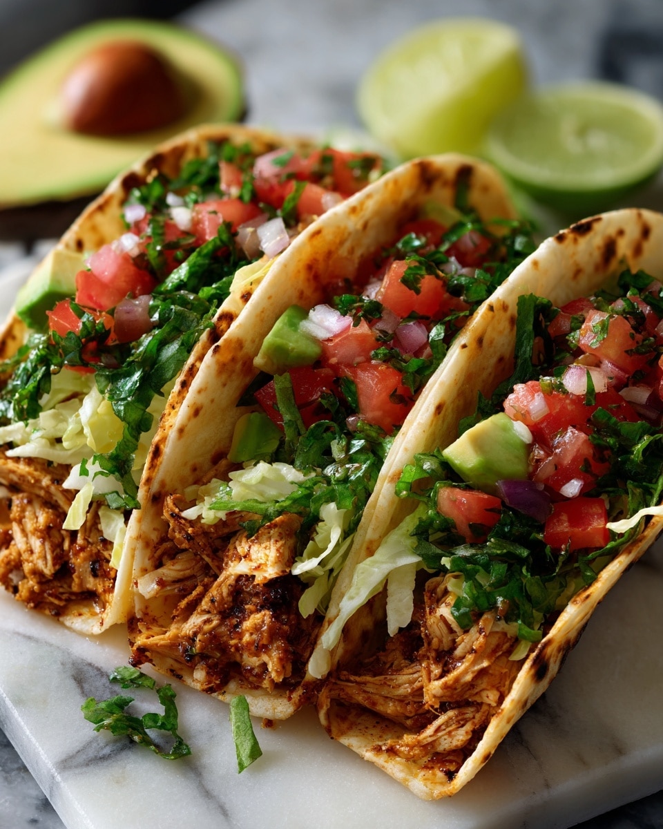 Two soft, lightly toasted tortillas are filled with layers of shredded, light brown chicken at the bottom, topped with bright green avocado chunks, diced red tomatoes mixed with white onions, and thin strips of pale green lettuce. The tacos rest on white parchment paper over a white marbled surface. In the background, there are some lime wedges and a small part of a light ceramic bowl with more avocado visible. Photo taken with an iphone --ar 4:5 --v 7