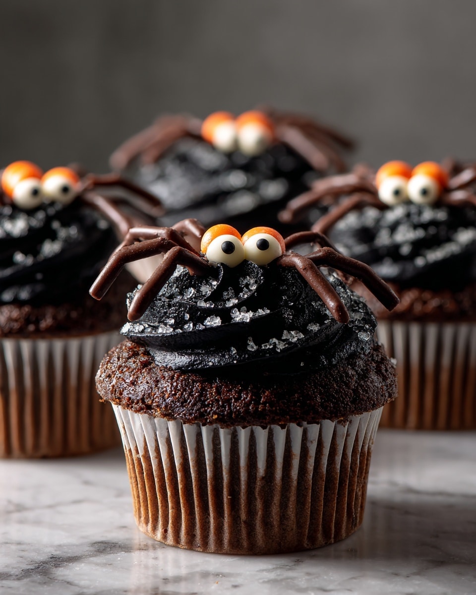 Three dark chocolate cupcakes sit together on a white marbled surface, each topped with thick, swirled black frosting that sparkles with tiny white sugar crystals. On top of each swirl, there are candy decorations shaped like spiders, made of two white round candy eyes with black centers, two small orange candy balls below the eyes, and eight bent chocolate stick legs arranged neatly on either side. The cupcake wrappers are white with ridges, and the overall look is playful and perfect for Halloween. photo taken with an iphone --ar 4:5 --v 7