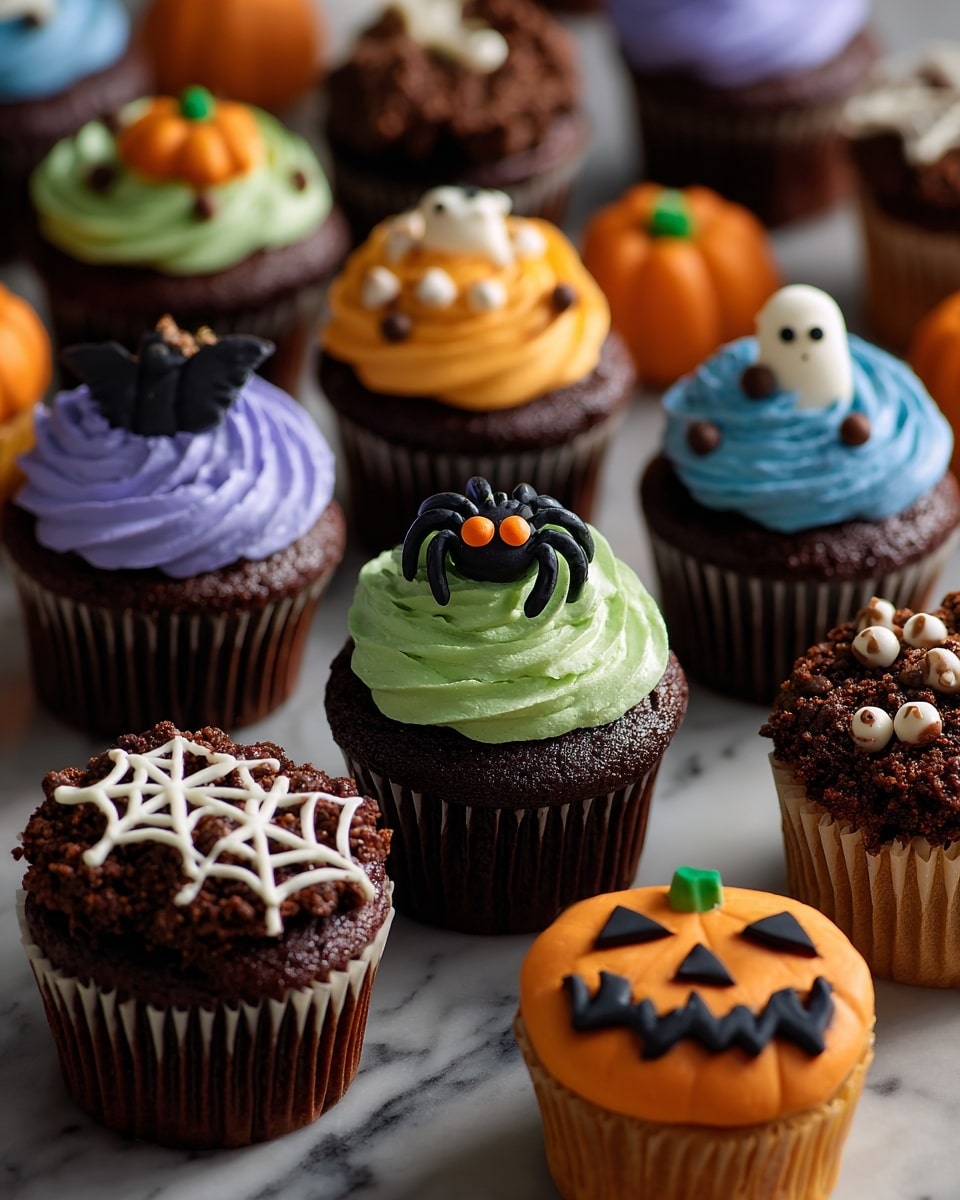 A group of chocolate cupcakes with detailed Halloween decorations sits on a dark surface. Each cupcake has one main layer of frosting in bright colors like purple, green, orange, or blue, swirled smoothly on top. Some have extra textural layers such as small candy balls or sprinkles scattered on the frosting. The decorations include small shapes like spiders with black legs and orange eyes, pumpkins with carved faces in orange, ghosts in white with black eyes, and webs made with dark icing. The cupcakes are in dark brown wrappers and are positioned closely together in rows. photo taken with an iphone --ar 4:5 --v 7