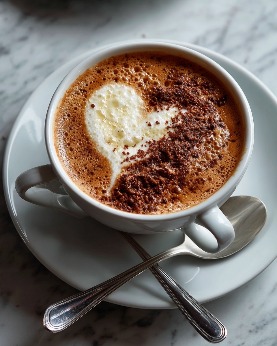 A white cup filled with a cappuccino sits on a white saucer with a silver spoon resting on it. The cappuccino has three visible layers: a light brown coffee base, a thick creamy milk foam layer on top, and a dusting of dark brown cocoa powder forming a large heart shape in the center with a lighter swirl pattern inside. The cup and saucer have a smooth, glossy finish and they are placed on a dark brown wooden surface. Photo taken with an iphone --ar 4:5 --v 7