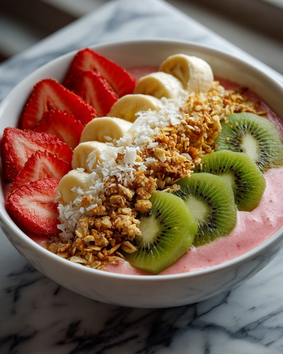 A white bowl filled with a bright pink smoothie base, topped with four neat rows of fresh fruits and granola. On the left, there is a row of red strawberry halves, followed by a row of evenly sliced pale yellow banana pieces. Next to the bananas is a line of golden-brown granola mixed with white coconut flakes, and on the far right, three green kiwi slices with lighter centers are placed. The bowl sits on a white marbled surface, with a few whole strawberries visible in the top right corner of the image. Photo taken with an iphone --ar 4:5 --v 7