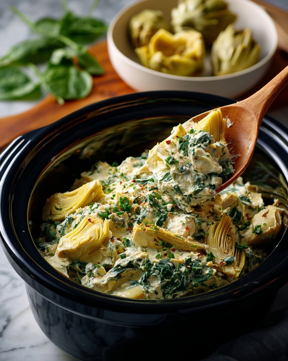 A close-up of a black crockpot filled with a creamy mixture of chopped green spinach leaves and pale yellow artichoke pieces, mixed with a white creamy sauce, creating a textured and thick dip. A wooden spoon with a round head is partially dipped in the crockpot, lifting some of the mixture. In the top right corner, a white bowl holds whole artichoke hearts, showing smooth and soft yellow layers. The scene is set on a white marbled surface with a few loose spinach leaves scattered around. Photo taken with an iphone --ar 4:5 --v 7