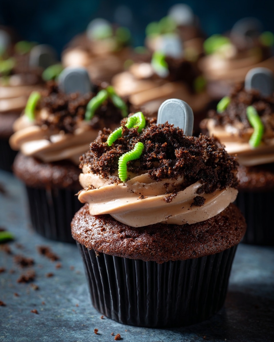 The image shows a group of dark chocolate cupcakes with three main layers. The bottom layer is a rich, dark brown cupcake base. On top, there is a thick swirl of light brown frosting with a smooth, creamy texture that gently rises in a spiral shape. The top layer is covered with crumbled dark chocolate cookie pieces, looking like soil, scattered unevenly over the frosting. Each cupcake is decorated with a small gray tombstone-shaped cookie standing upright in the soil-like crumbs and bright green gummy worms partially buried in the crumbs, curving outward. The cupcakes are arranged on a dark surface with a soft, blurry background. photo taken with an iphone --ar 4:5 --v 7