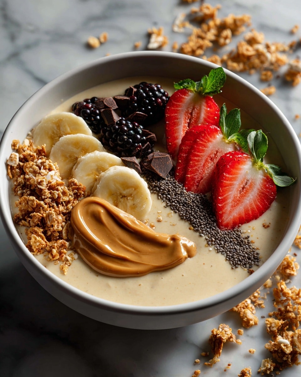 A white bowl filled with a creamy, light beige smoothie base, topped with a swirl of smooth, light brown peanut butter on the left side. On top of the peanut butter, there are several thin banana slices arranged in a neat arc. To the right of the peanut butter and banana, there is a mixture of granola and small black chia seeds creating a rough texture. Two bright red strawberry halves with green leaves sit near the top right edge. There are also two dark purple blackberries placed nearby. Bits of dark chocolate pieces are scattered across the top, adding contrast. The bowl sits on a white marbled surface with some granola pieces scattered around. Photo taken with an iphone --ar 4:5 --v 7