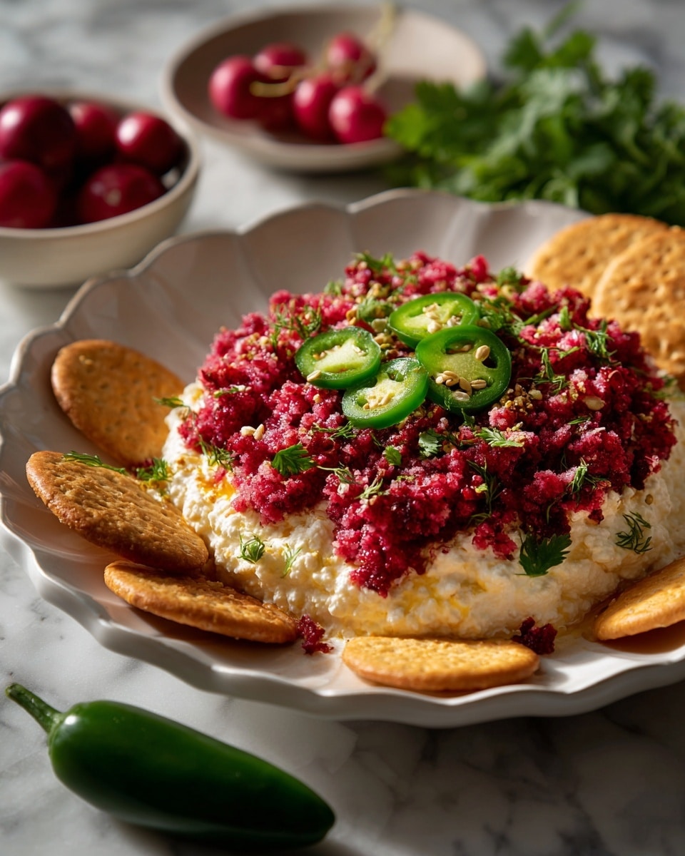 The dish is served in a round, scalloped white plate and has two distinct layers. The bottom layer is smooth, creamy, and white, covering the whole plate base. On top, there is a thick, coarse layer of bright red minced mixture, dotted with bits of green herbs, giving it a textured, uneven surface. Several whole round crackers are partially dipped into the red layer around the edges. Thin slices of fresh green jalapeño peppers are scattered on top of the red mixture, adding a fresh contrast of color. The plate sits on a white marbled surface, with some whole crackers, a green chili pepper, a small bowl of honey with a wooden honey dipper, a sprig of cilantro, and a bowl of fresh whole red cranberries placed around it. Photo taken with an iphone --ar 4:5 --v 7