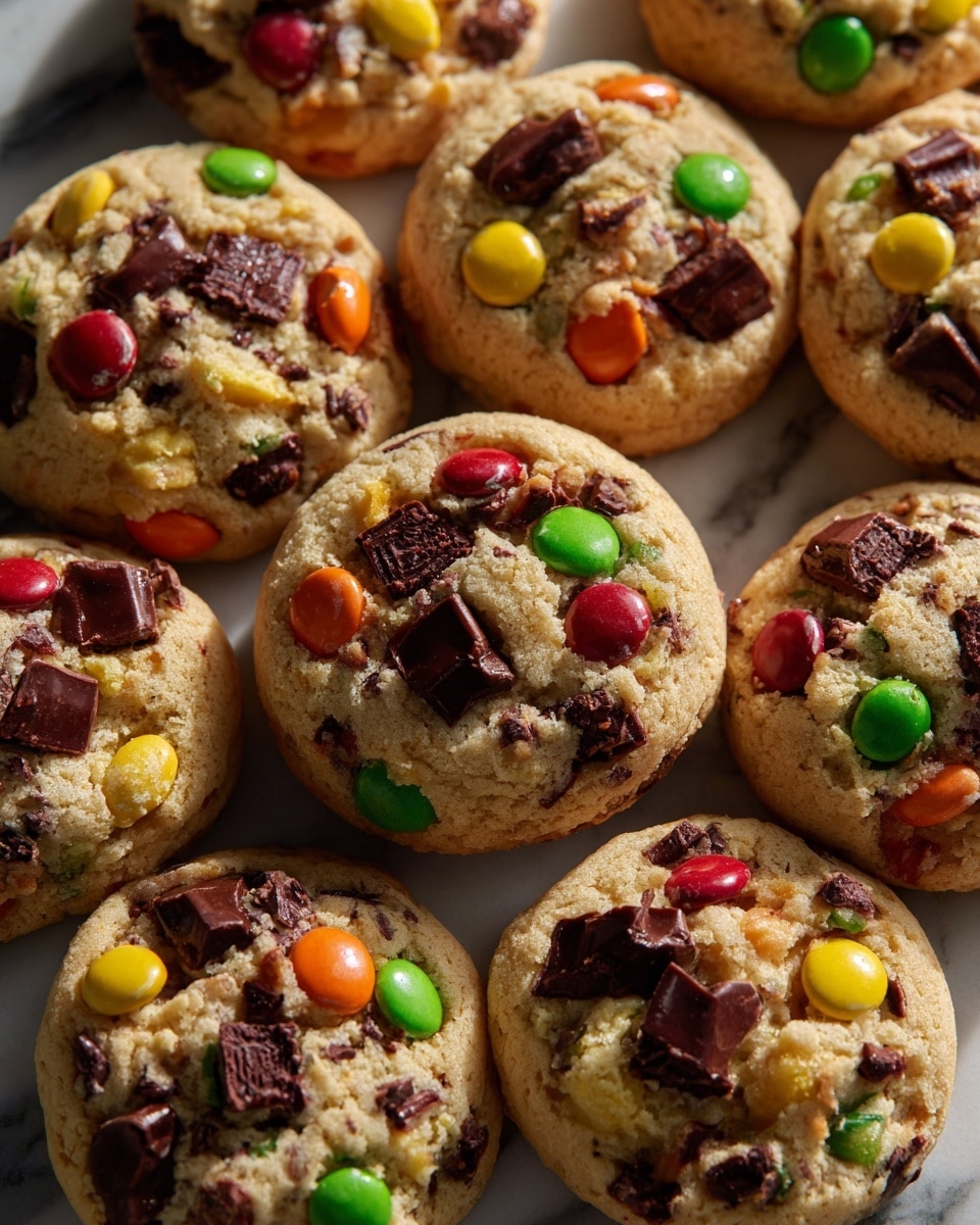 There are nine round cookies arranged in a cluster on a white marbled surface. Each cookie is light golden brown and has a soft, slightly bumpy texture with colorful candy pieces and small chunks of chocolate on top. The candy pieces are bright orange, yellow, green, and purple, scattered evenly across the surface of the cookies, adding pops of vibrant color. The chocolate chunks are dark and slightly melted, nestled among the candy pieces. The cookies have slightly raised edges and a slightly cracked surface, showing a chewy texture. Photo taken with an iphone --ar 4:5 --v 7