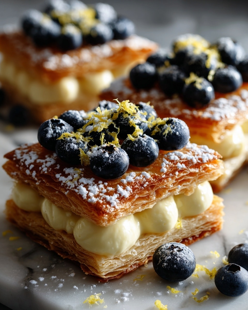 Three square pastries are shown on a textured white marbled surface, each with three clear layers: a flaky golden-brown crust at the bottom, a smooth pale yellow cream layer in the middle, and a pile of dark blue blueberries on top. The edges of the pastries are dusted with white powdered sugar, and some blueberries and small yellow zest bits are scattered around the pastries. The lighting highlights the flaky texture of the crust and the slight shine on the blueberries. Photo taken with an iphone --ar 4:5 --v 7