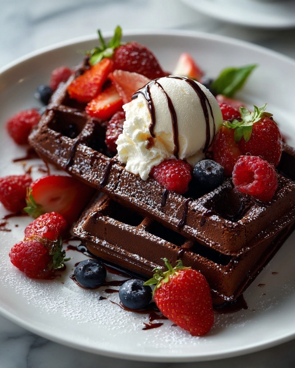 Two dark brown chocolate waffles are placed slightly overlapping on a white plate, sitting on a white marbled surface. The waffles are dusted with white powdered sugar and drizzled with dark chocolate sauce. Bright fresh berries, including red strawberries, red raspberries, and dark blue blueberries, are scattered over and around the waffles. On top of the waffles is a dollop of white whipped cream, topped with a round scoop of light cream-colored vanilla ice cream. Photo taken with an iphone --ar 4:5 --v 7