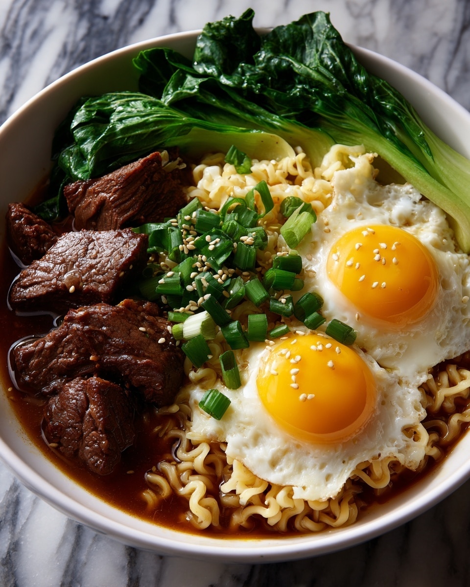 A white bowl filled with three main layers: on the bottom, curly yellow ramen noodles in dark brown broth; on the left side, several slices of cooked dark brown beef stacked slightly on each other; on the right side, a bunch of bright green leafy bok choy. On the top center are two sunny-side-up eggs with bright yellow yolks and slightly crispy white edges sprinkled with light brown sesame seeds, and small pieces of chopped green onions scattered around. The bowl is placed on a white marbled surface. photo taken with an iphone --ar 4:5 --v 7