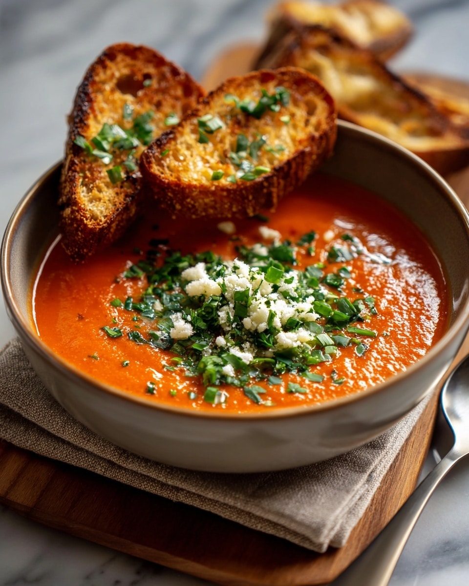 A white bowl filled with smooth, bright orange tomato soup is placed on a light beige cloth on a wooden board with a white marbled surface underneath. The soup has a small pile of finely chopped green herbs and thin white shreds of cheese sprinkled in the center. Two toasted, golden brown slices of bread with crispy edges rest on the bowl’s rim, slightly overlapping each other. The toast has a crunchy texture visible with some uneven browning. photo taken with an iphone --ar 4:5 --v 7