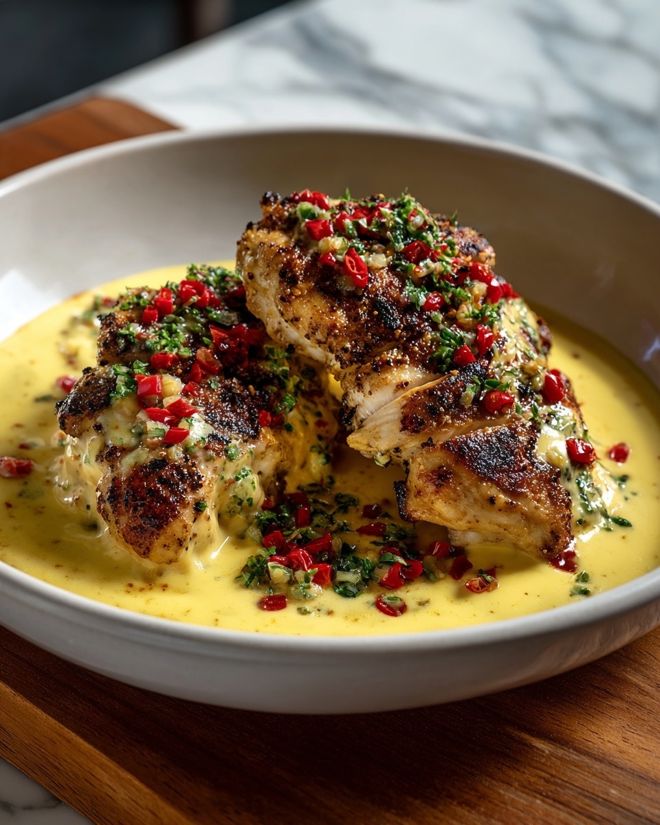Two pieces of golden brown cooked chicken are placed side by side in a shallow white bowl. They are topped with a thick pale yellow creamy sauce that drips smoothly over the edges. Small pieces of bright red chili and chopped green herbs are sprinkled evenly over both the chicken and sauce, adding spots of red and green color. The bowl sits on a white marbled surface and there is a curved lime slice slightly blurred in the background. photo taken with an iphone --ar 4:5 --v 7