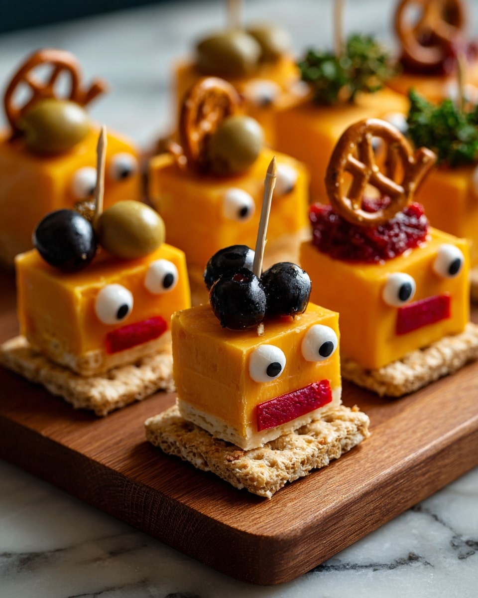 The image shows six small square snacks made from layers: a base layer of a square cracker, a thick yellow block of cheese on top, two small white and black round candy pieces as eyes stuck in the cheese, and a red rectangular piece representing a mouth with three small white triangle pieces as teeth inside. Each cheese block has a toothpick sticking out from the top, holding different items such as green olives, black olives, mini pretzels, or small orange pepper shapes, giving each snack a monster-like appearance. All snacks are placed closely together on a wooden board, with a white marbled surface underneath. Photo taken with an iphone --ar 4:5 --v 7