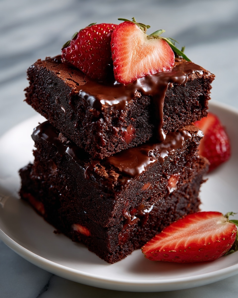 Three pieces of chocolate brownies sit on a white plate on a white marbled surface. Each brownie has two layers: a dark chocolate base with visible chunks of strawberries inside, and a top layer with smooth chocolate drizzle. On top of every brownie are fresh red strawberry halves and a whole strawberry with green leaves, adding a bright contrast. The chocolate drizzle is shiny and slightly thick, dripping down the sides of the brownies. Photo taken with an iphone --ar 4:5 --v 7