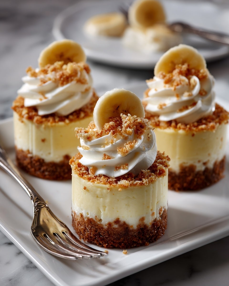Three small cheesecake cupcakes sit on a white square plate placed on a white marbled surface, each cupcake having three layers: a crumbly brown crust at the bottom, a thick creamy pale yellow cheesecake layer in the middle with a textured edge, and a swirl of white whipped cream on top. Crumbled golden cookie pieces are sprinkled around the whipped cream, and a round banana slice stands upright in the center of each cupcake. A metal fork is on the right side of the plate. Photo taken with an iphone --ar 4:5 --v 7