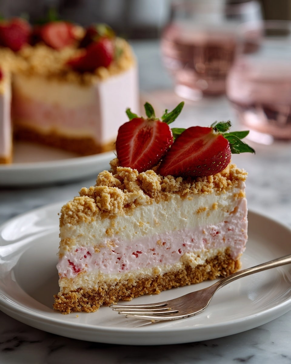 A single slice of strawberry cheesecake sits on a white plate, showing three layers: a bottom layer of crumbly light brown crust, a thick middle layer of light pink creamy cheesecake, and a top layer sprinkled with crushed reddish crumbs. Two halved fresh strawberries with bright red color and green tops are placed on top. In the background, a whole cheesecake and two pink glasses are slightly blurred, all set on a white marbled surface. Photo taken with an iphone --ar 4:5 --v 7