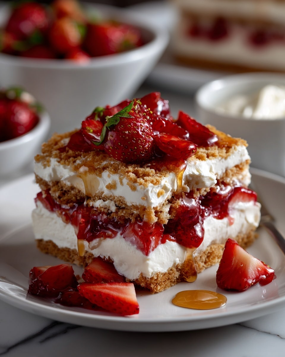 The image shows a white colander filled with bright red strawberries on the right side. Below it, on a wooden cutting board, there are six strawberries, some whole and some sliced, next to a small knife with a beige handle. On the left, a pale pink plate holds a white, fluffy whipped cream. Above it, there is a small glass bowl of white sugar. Behind that, a stick of butter with yellow parchment wrapper is beside a small glass bottle of milk. At the top, a large glass bowl contains white flour with a white scoop inside. The whole setup is placed on a white marbled surface. Photo taken with an iphone --ar 4:5 --v 7