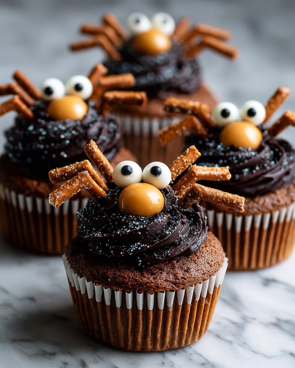 Three chocolate cupcakes sit close together on a dark surface with black sprinkles scattered around. Each cupcake has one thick layer of dark brown cake topped with a tall swirl of shiny black frosting that looks slightly rough and sparkly. On top of the frosting, there is a spider decoration made of small white candy eyes with black pupils and two orange candy balls as the spider’s face. The spider’s legs are made of bent chocolate sticks positioned on each side of the eyes. The cupcake liners are white and slightly crinkled. The background is dark and soft focused. Photo taken with an iphone --ar 4:5 --v 7
