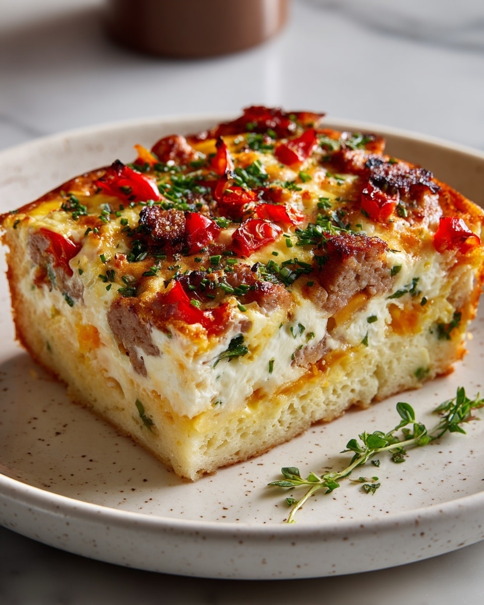 A thick square piece of baked egg casserole sits on a white plate with small dark speckles, placed on a white marbled surface. The casserole has three visible layers: a bottom layer that looks light yellow and fluffy with a slightly crumbly texture, a middle layer filled with bright red and orange bell peppers mixed with browned sausage chunks, and a top layer covered in melted cheese that is golden and slightly browned with some herbs sprinkled around. The edges of the casserole have a toasted look, adding contrast to the soft inside. photo taken with an iphone --ar 4:5 --v 7
