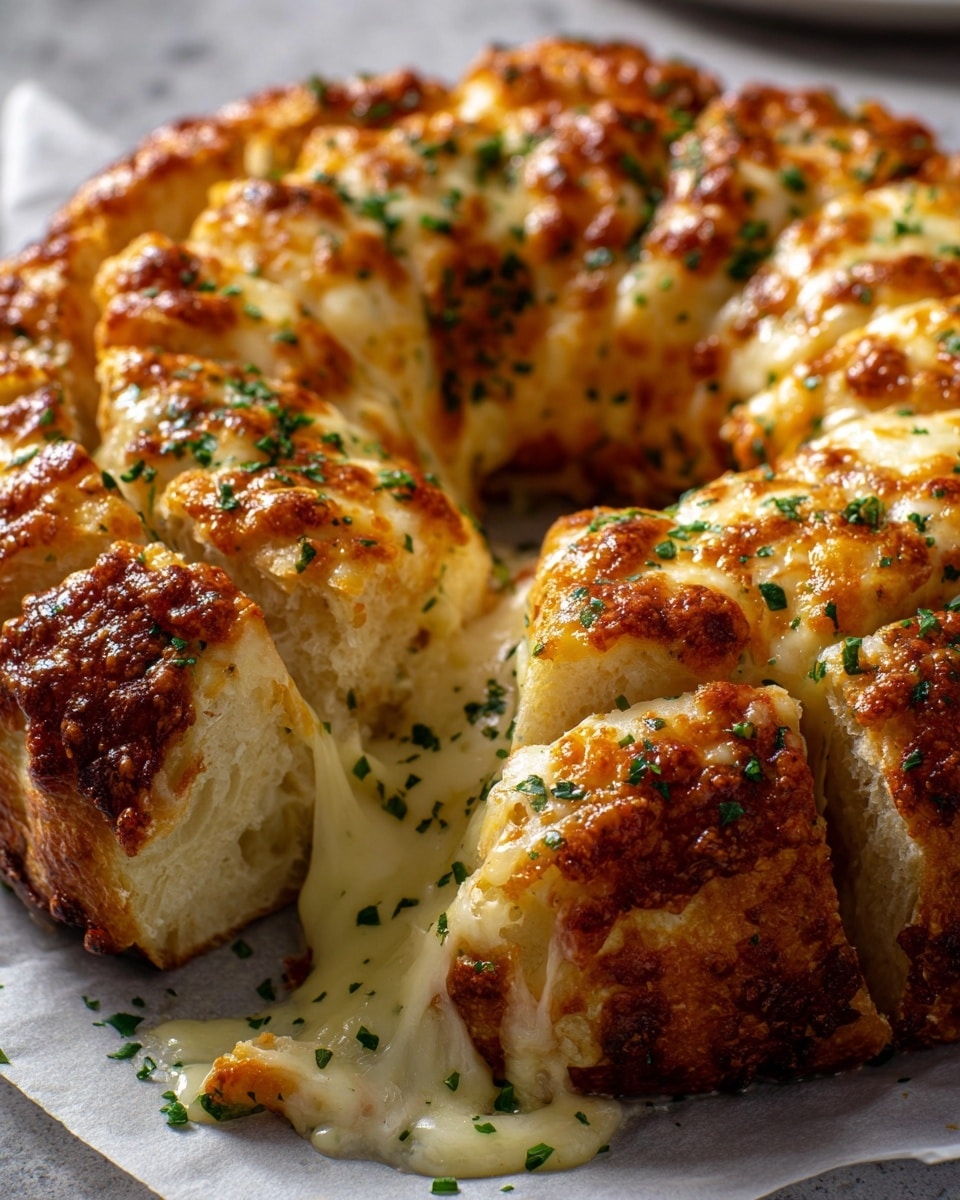 The image shows a round bread ring with a hole in the center placed on white parchment paper. The bread's surface is golden brown with melted, bubbly cheese patches that show a mix of creamy white and caramelized brown colors. The bread is topped with small green herb pieces sprinkled evenly across the top, adding a fresh touch. The texture looks crunchy on the outside with soft, melted cheese oozing in some spots, creating a rich and savory appearance. The white marbled texture is not visible in this image but would be the background if applied. photo taken with an iphone --ar 4:5 --v 7
