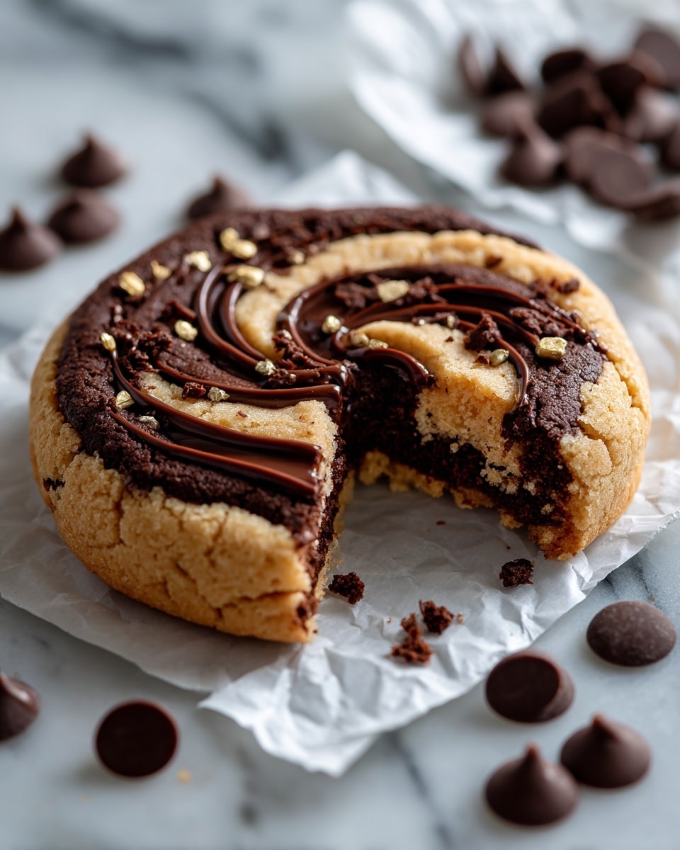 The image shows a round cookie with two main layers: the bottom layer is a thick, dark brown chocolate center with a soft texture, and the top layer is a lighter brown dough arranged in swirls that look like ribbons of chocolate and dough twisting together, creating a spiral pattern on top. The cookie is slightly broken on one side showing the dense chocolate inside, and it rests on crumpled white paper with several dark brown chocolate chips scattered around. The background is a white marbled texture. Photo taken with an iphone --ar 4:5 --v 7