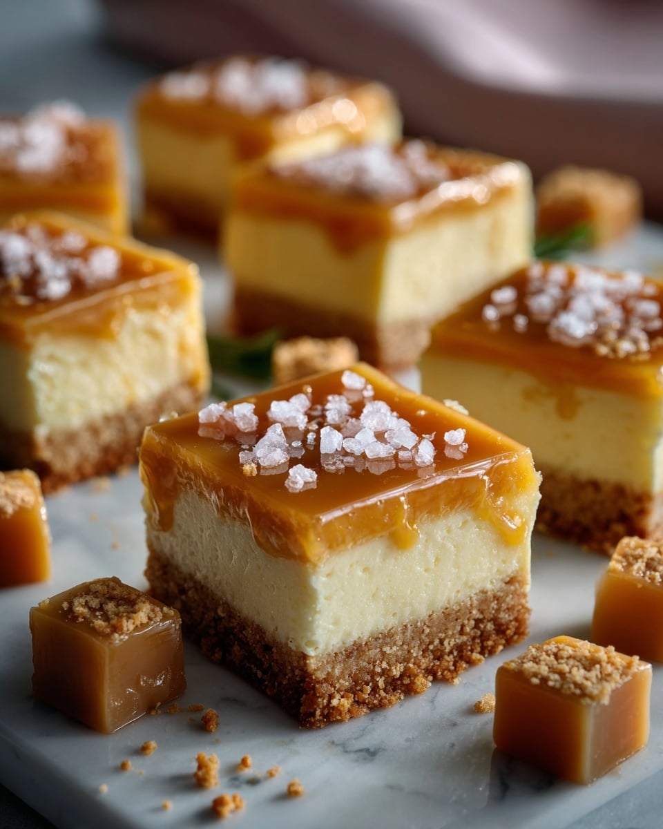 The image shows several square caramel cheesecake bars arranged closely on a white marbled surface. Each bar has three clear layers: a crumbly light brown crust on the bottom, a thick creamy off-white cheesecake layer in the middle, and a shiny caramel top layer sprinkled with coarse white salt. Around the bars, small caramel cubes are scattered. The caramel layer looks smooth and glossy, contrasting with the soft texture of the cheesecake and the crunchy base. Photo taken with an iphone --ar 4:5 --v 7