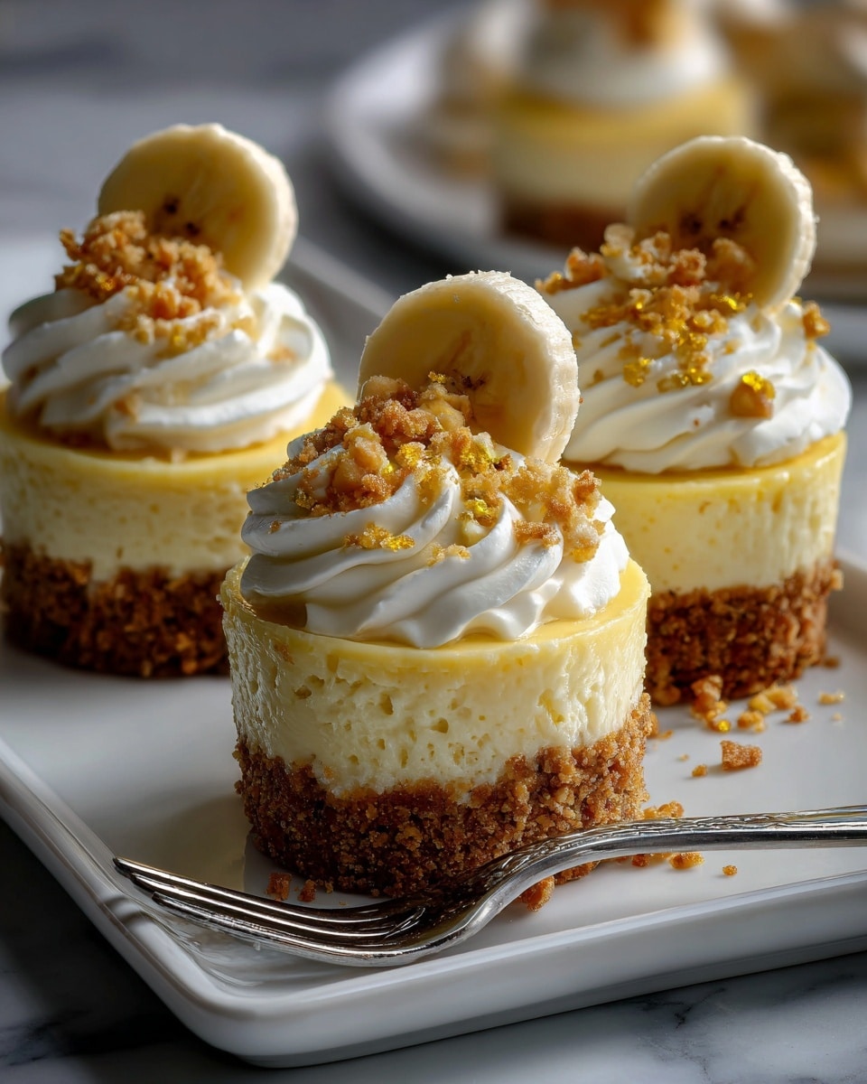 Three small cheesecakes sit on a white square plate with a white marbled texture background. Each cheesecake has two layers: a bottom crumbly brown crust and a thick, creamy off-white cheesecake layer. On top, there is a swirl of white whipped cream with small golden crumbs sprinkled around it. A round slice of banana leans on the whipped cream of each cheesecake. A silver fork is placed on the right side of the plate. Photo taken with an iphone --ar 4:5 --v 7