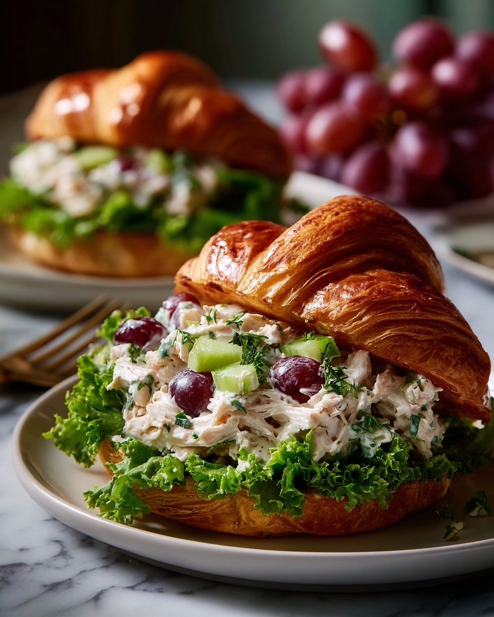 The image shows a croissant sandwich on a white plate with a white marbled surface underneath. The sandwich has three distinct layers: the bottom layer is fresh green lettuce, the middle layer is creamy chicken salad mixed with pieces of red grapes and celery giving it a mix of white, red, and light green colors, and the top layer is the golden brown flaky croissant. There are red grapes placed next to the sandwich on the plate, and another similar sandwich is blurred in the background on a separate white plate. Photo taken with an iphone --ar 4:5 --v 7