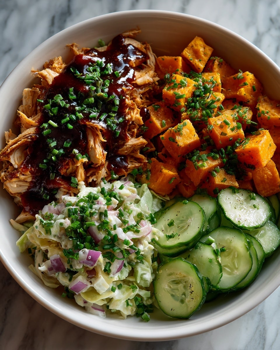 A white bowl filled with four different layers of food arranged side by side: on the bottom left, shredded grilled chicken pieces covered in a thick dark red barbecue sauce, sprinkled with green herbs; top left, a creamy coleslaw made of finely shredded white and purple cabbage mixed with dressing and topped with small green herb bits; top right, bright orange roasted sweet potato cubes with a slightly charred texture and sprinkled with green herbs; bottom right, thin cucumber slices with a fresh green color and herb sprinkles. The bowl is placed on a white marbled surface. photo taken with an iphone --ar 4:5 --v 7