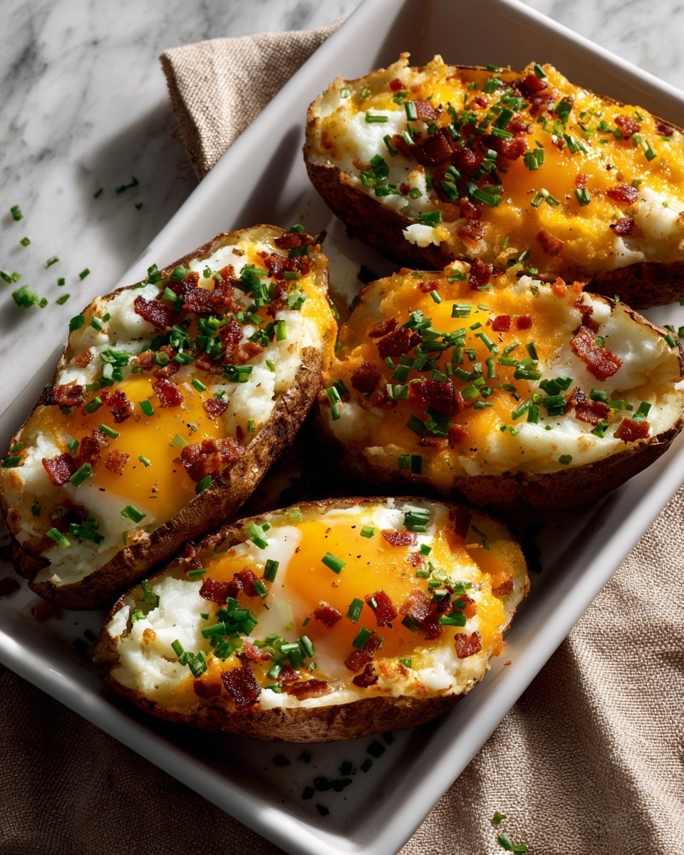The image shows four baked potato halves on a white plate, each with three layers. The bottom layer is the potato skin with soft, fluffy white potato inside. The middle layer is melted bright orange cheddar cheese spread evenly on top of the potato. The top layer is a mix of crispy dark red bacon bits and small bright green chopped scallions, plus two of the halves have a cooked egg with a runny yellow yolk sitting in the middle, sprinkled with black pepper. The plate is on a white marbled surface with a beige cloth partially visible. Photo taken with an iphone --ar 4:5 --v 7