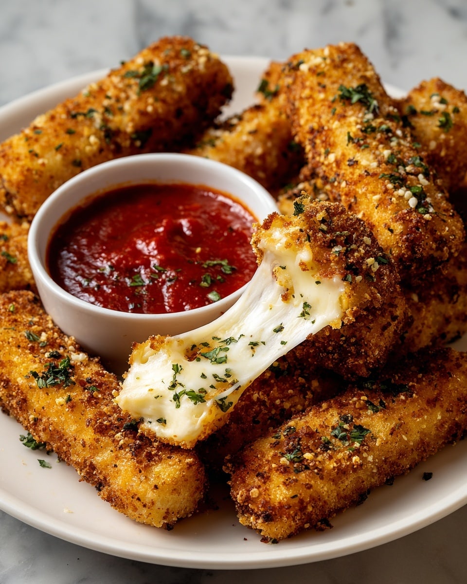 A white plate holds about eight golden-brown fried cheese sticks arranged in a close pile. Each cheese stick has a crispy, textured breadcrumb coating speckled with tiny green herbs. One cheese stick is broken open in the center, showing soft, white melted cheese stretching between the two halves. Behind the cheese sticks, a small white bowl is filled with thick, bright red marinara sauce. The background surface is a white marbled texture. photo taken with an iphone --ar 4:5 --v 7