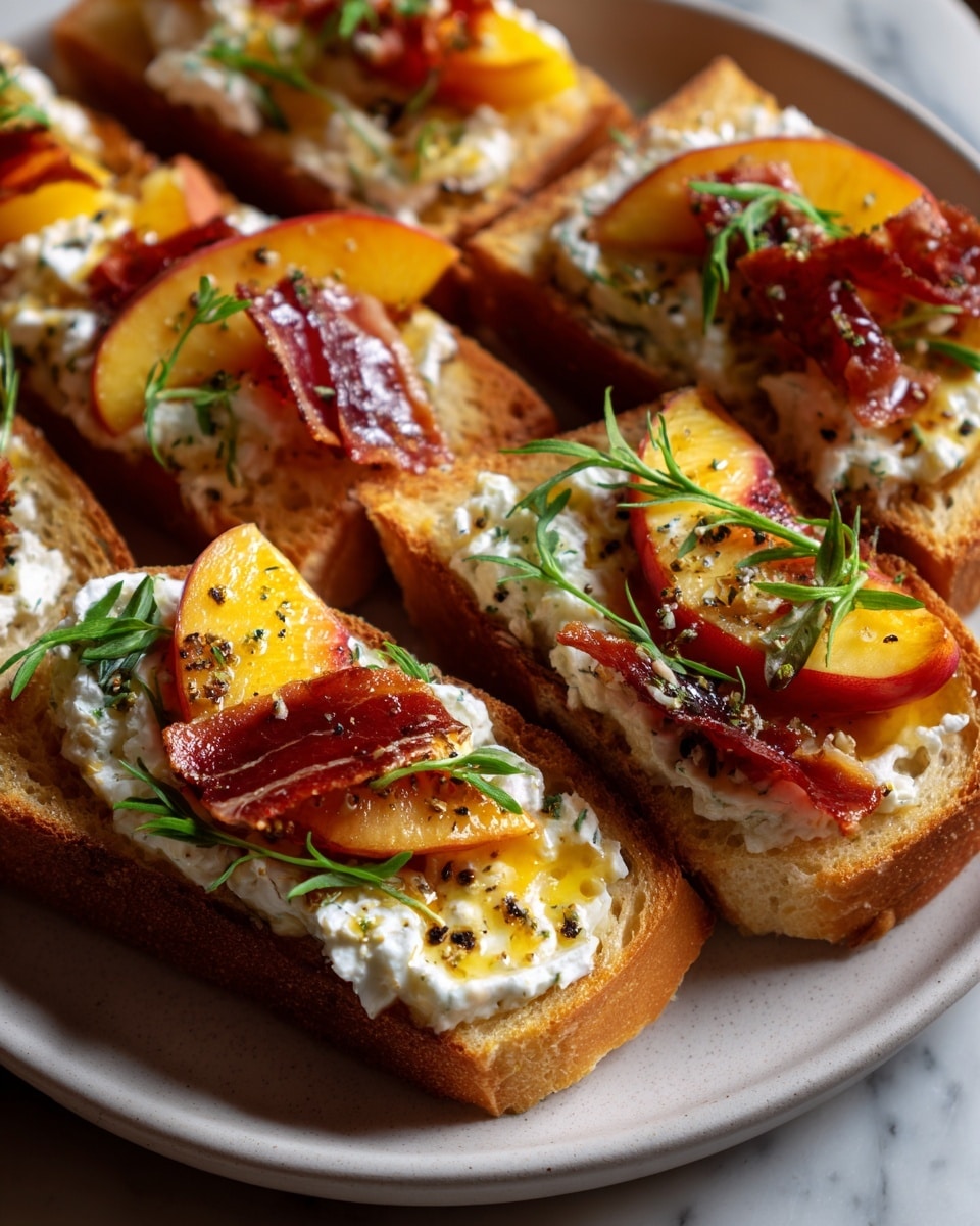 The image shows several small toasts arranged on a large white plate over a white marbled surface. Each toast has three visible layers: a crispy golden brown bread base, a thick creamy white cheese layer on top, and several slices of fresh peach with bright orange and red skin placed on the cheese. Crispy, dark red cured meat is tucked under the cheese and peach slices, adding texture. Fresh green herb sprigs are scattered on top for garnish along with a slight drizzle of amber honey and a sprinkle of black pepper. The lighting highlights the vivid colors and glossy honey drops. Photo taken with an iphone --ar 4:5 --v 7