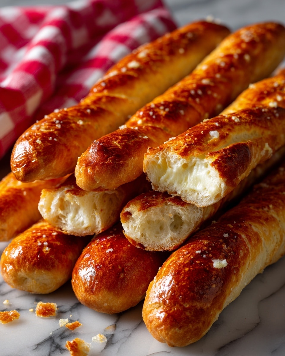 The image shows several golden brown breadsticks laid close together on a white marbled surface. One breadstick in the middle is broken open revealing a soft, fluffy white inside with a few crumbs scattered nearby. The breadsticks have a slightly shiny and textured crust, indicating they are fresh and baked. A red checkered cloth is visible in the blurred background. Photo taken with an iphone --ar 4:5 --v 7