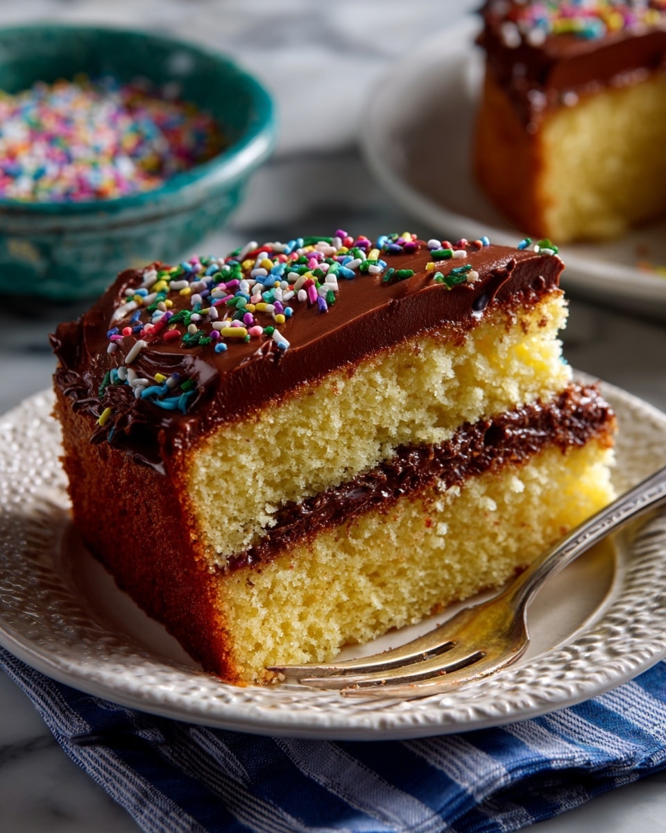 A three-layer round chocolate cake covered with smooth, thick chocolate frosting has five lit thin gold candles on top. The frosting is dark brown with swirled texture on the top layer and smooth sides. Colorful flat round sprinkles in pink, yellow, orange, white, purple, green, and blue are scattered across the cake's top and some on the marble surface. The cake sits on a white marble cake stand with a natural wood base, placed on a white marbled surface with a small white bowl filled with the same sprinkles beside it. Photo taken with an iphone --ar 4:5 --v 7