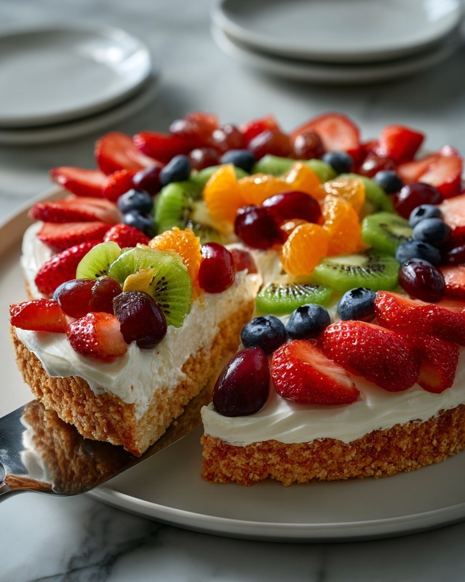A slice of light beige sponge cake forms the base layer, topped with a thick layer of white creamy frosting that looks soft and fluffy. On top of the frosting are colorful fruit pieces: two bright red strawberry slices placed near the top, a large green kiwi slice with visible tiny black seeds positioned near the bottom center, a smaller green kiwi wedge on the left side, and two small dark blue blueberries placed among the fruits. The slice is served in a round white plate with a wooden texture inside, and a silver fork with a piece of cake and a small orange fruit segment is placed on the right edge of the plate. The scene is set on a white marbled surface. photo taken with an iphone --ar 4:5 --v 7