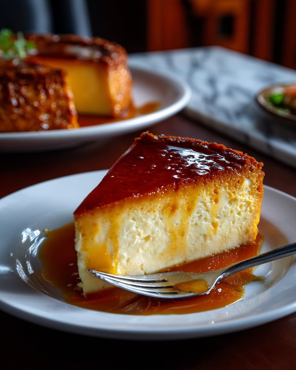 A slice of flan sits on a white plate with a creamy light yellow base and a smooth, glossy golden caramel layer on top that has a few darker brown spots of caramelization. The flan’s texture looks soft and slightly spongy, with a thin pool of caramel sauce spreading around the slice on the plate. A silver fork rests on the edge of the plate near the slice, with some caramel sauce touching its prongs. The background has a white marbled texture with another flan out of focus in the upper part of the image. Photo taken with an iphone --ar 4:5 --v 7