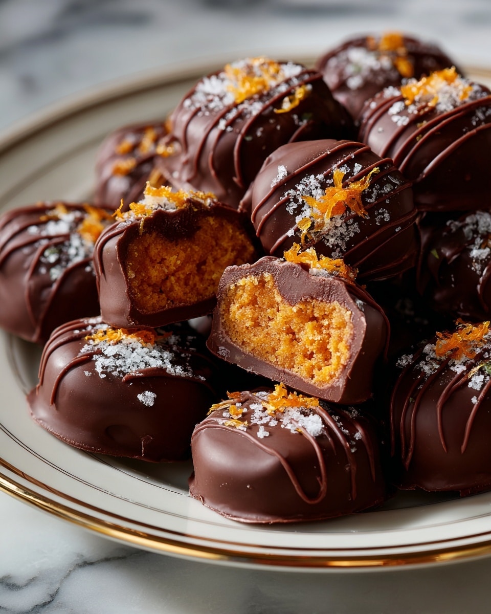 A white plate with a small pile of round chocolate truffles, each covered in smooth dark chocolate with delicate dark chocolate lines on top. One truffle is cut open at the front, showing a bright orange, soft, and slightly shiny center inside. The tops of the truffles are decorated with small bits of orange zest and a sprinkle of fine white powder. The plate sits on a white marbled surface. photo taken with an iphone --ar 4:5 --v 7