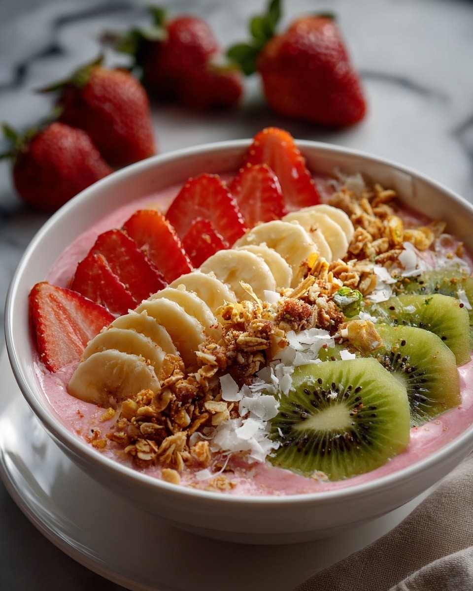A white bowl filled with a smooth pink smoothie base, topped with four distinct rows of ingredients. On the left side, there is a row of bright red strawberry slices. Next to it, a row of pale yellow banana slices is neatly arranged. To the right of the bananas, there is a strip of golden brown granola mixed with white shredded coconut and large white coconut flakes. On the far right, three vibrant green kiwi slices are placed. The bowl sits on a white marbled surface. photo taken with an iphone --ar 4:5 --v 7